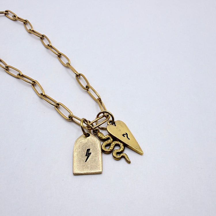 Gold Charm Necklace 7 Lightning Bolt Snake Paperclip Chain