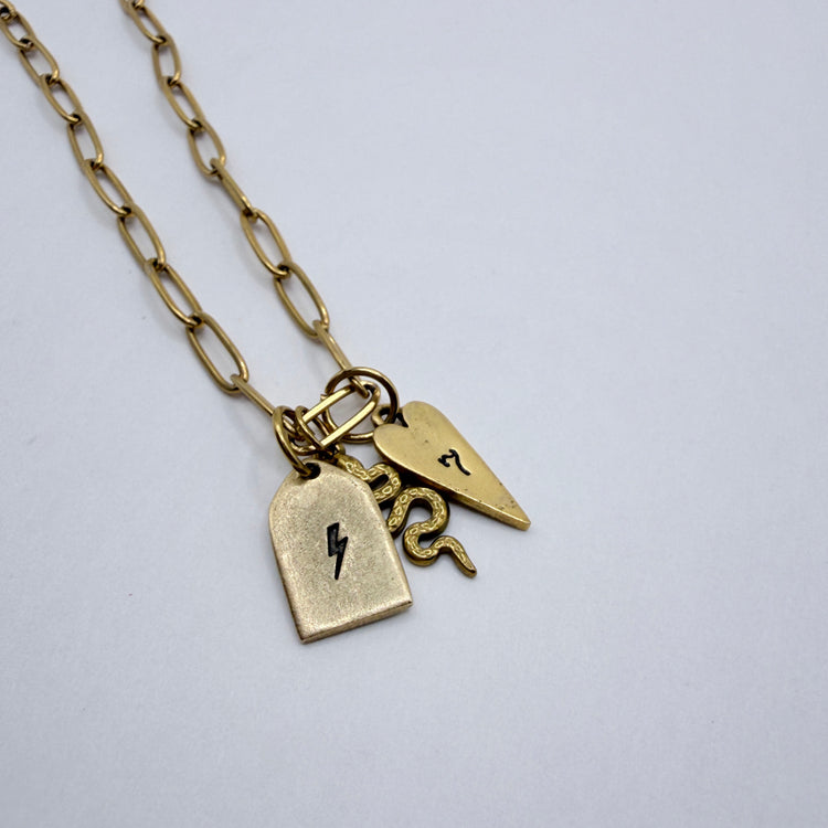 Gold Charm Necklace 7 Lightning Bolt Snake Paperclip Chain