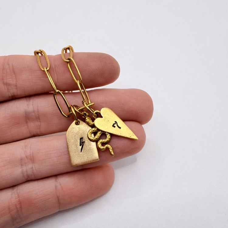 Gold Charm Necklace 7 Lightning Bolt Snake Paperclip Chain