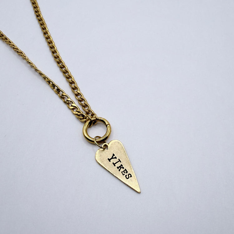 Yikes Hand Stamped Necklace Long Heart Pewter Charm Holder