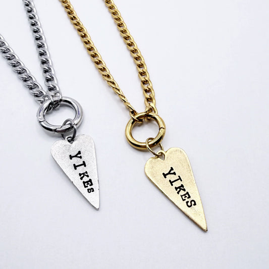 Yikes Hand Stamped Necklace Long Heart Pewter Charm Holder