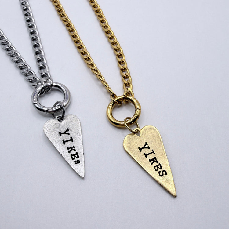 Yikes Hand Stamped Necklace Long Heart Pewter Charm Holder