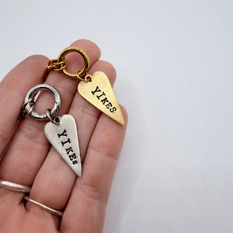 Yikes Hand Stamped Necklace Long Heart Pewter Charm Holder