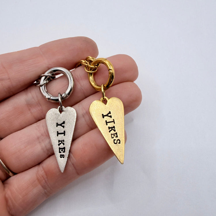 Yikes Hand Stamped Necklace Long Heart Pewter Charm Holder