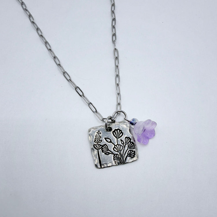 Wild Flower Hand Stamped Charm Necklace Purple Flower Charm