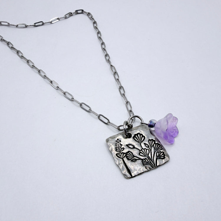 Wild Flower Hand Stamped Charm Necklace Purple Flower Charm