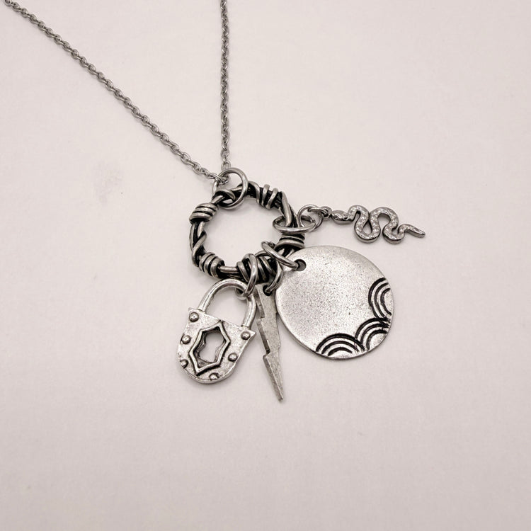 Silver Hand Stamped Charm Necklace Snake Lightning Lock