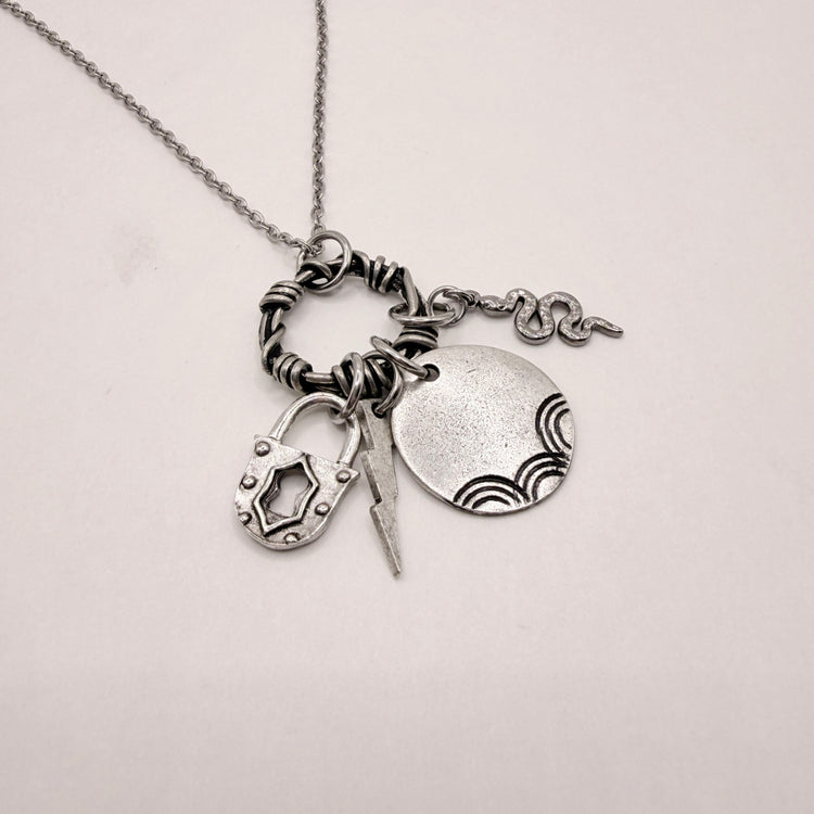 Silver Hand Stamped Charm Necklace Snake Lightning Lock
