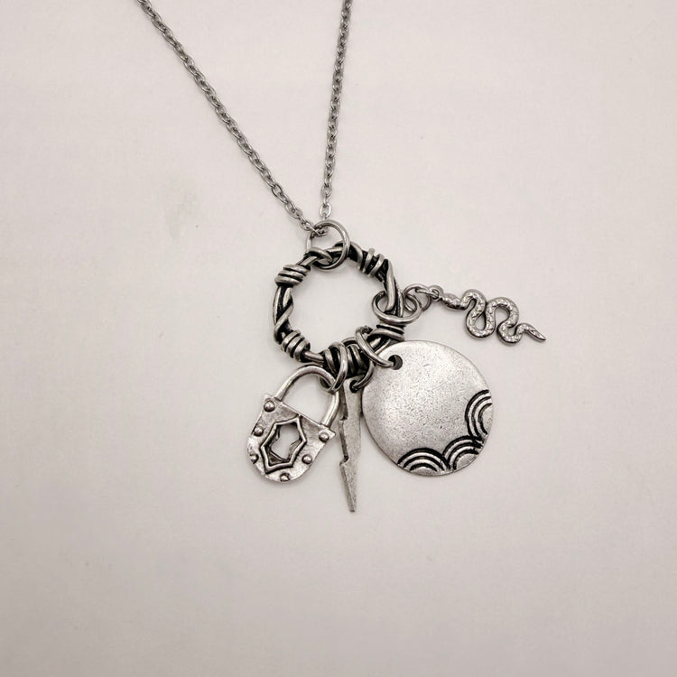 Silver Hand Stamped Charm Necklace Snake Lightning Lock