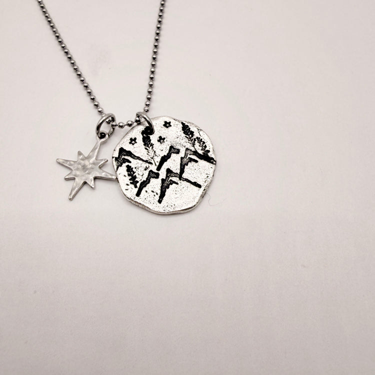 Hand Stamped Mountain Star Pewter Charm Necklace