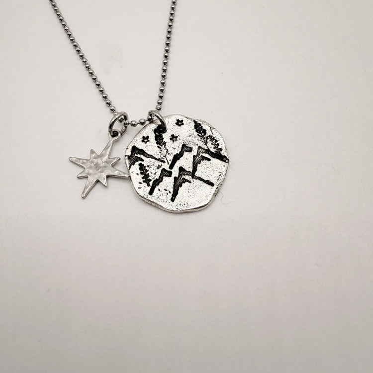Hand Stamped Mountain Star Pewter Charm Necklace