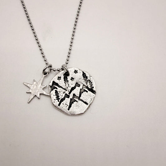 Hand Stamped Mountain Star Pewter Charm Necklace