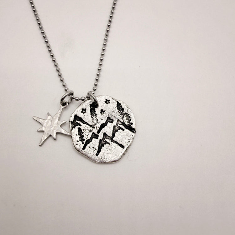Hand Stamped Mountain Star Pewter Charm Necklace