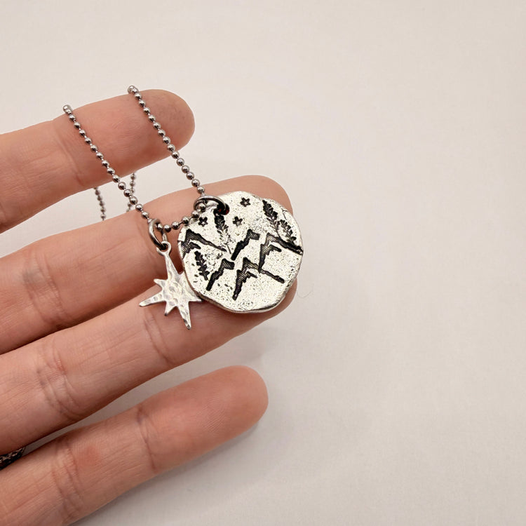 Hand Stamped Mountain Star Pewter Charm Necklace
