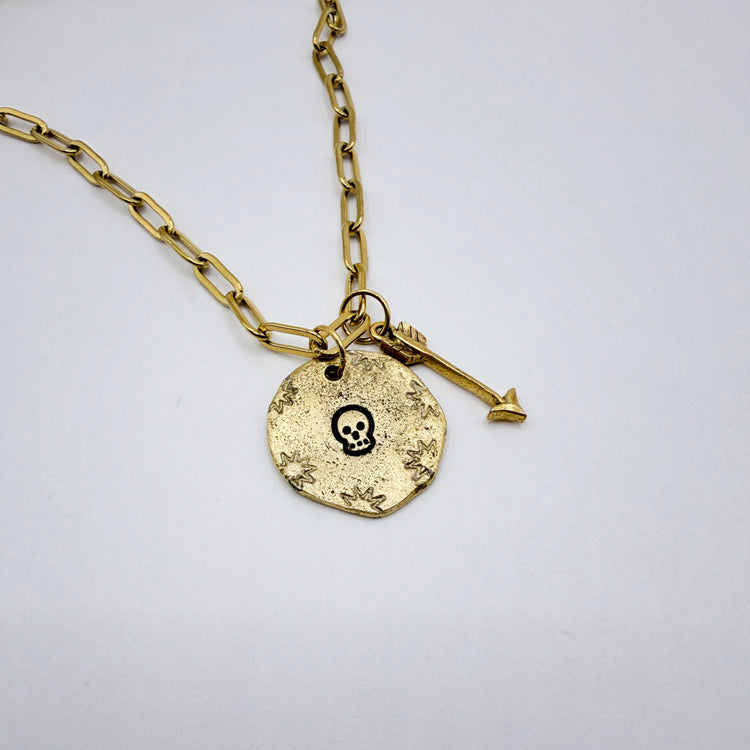 Gold Skull Hand Stamped Necklace Arrow Gothic