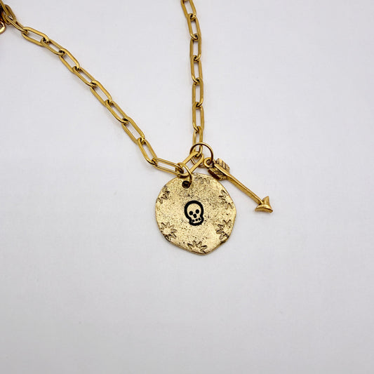 Gold Skull Hand Stamped Necklace Arrow Gothic