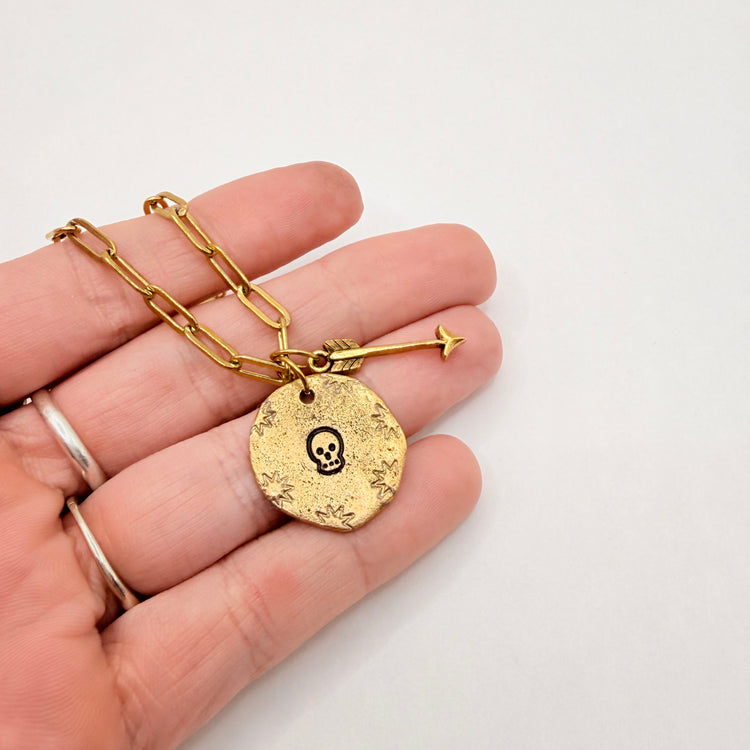 Gold Skull Hand Stamped Necklace Arrow Gothic