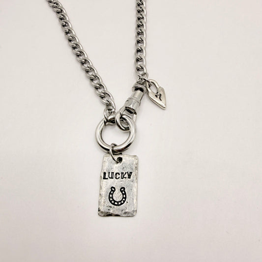 Lucky Charm Necklace Pewter Tag Hand Stamped Horseshoe 7 Silver