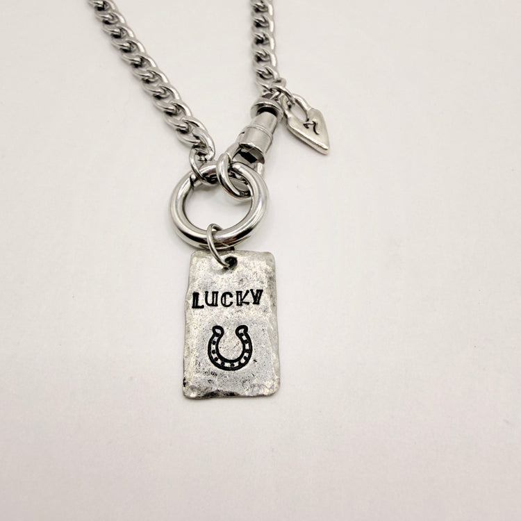 Lucky Charm Necklace Pewter Tag Hand Stamped Horseshoe 7 Silver