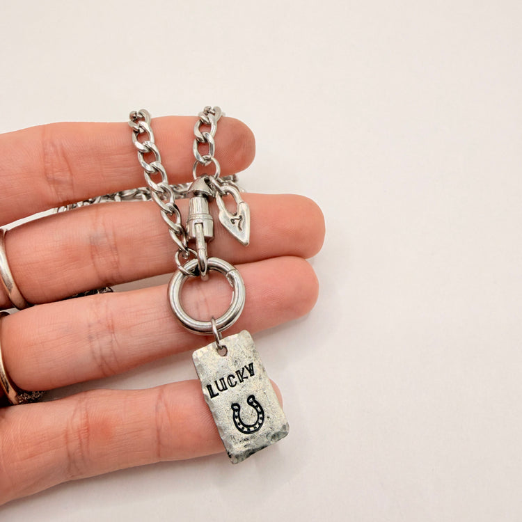 Lucky Charm Necklace Pewter Tag Hand Stamped Horseshoe 7 Silver