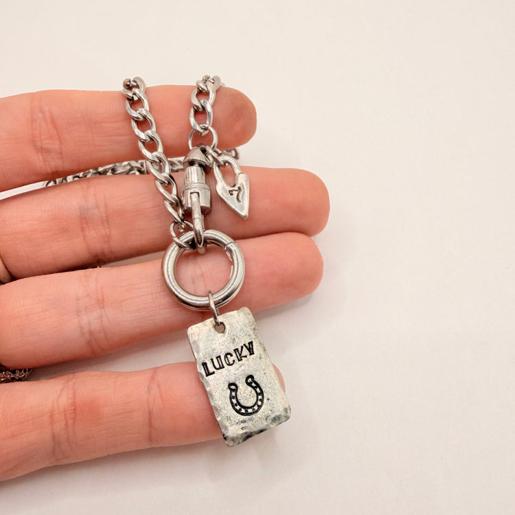 Lucky Charm Necklace Pewter Tag Hand Stamped Horseshoe 7 Silver
