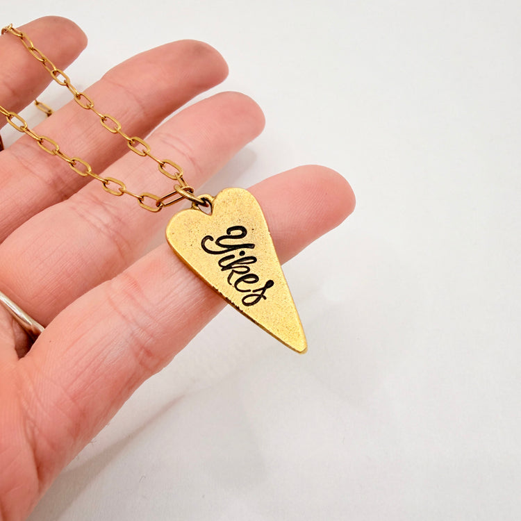 Gold Yikes Heart Hand Stamped Charm Necklace