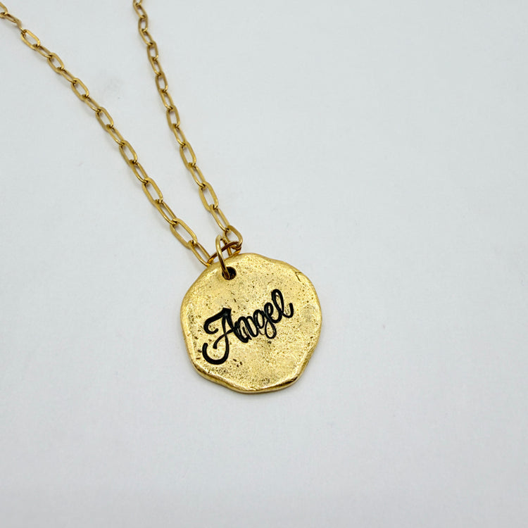 Angel Gold Hand Stamped Disc Necklace Charm