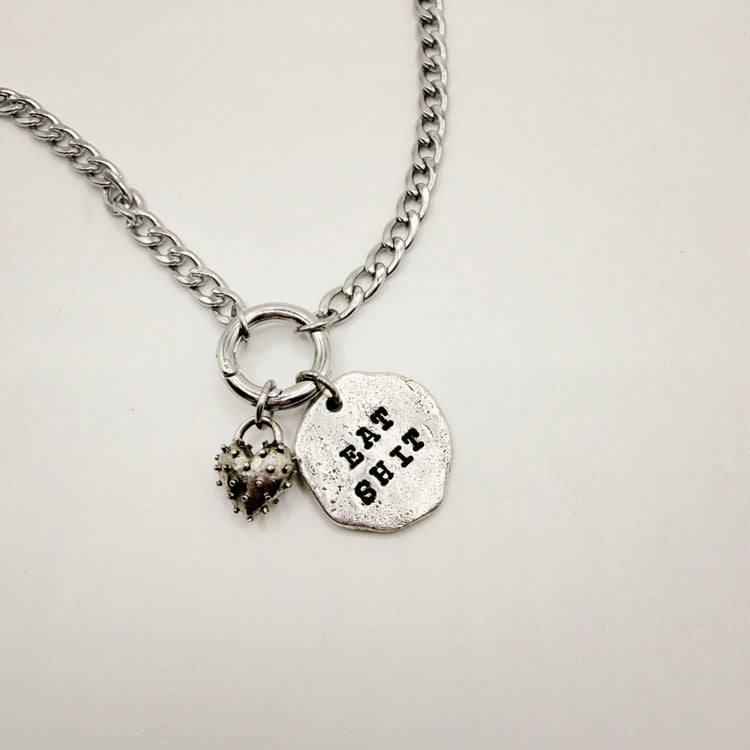 Hand Stamped Eat Shit Pewter Silver Charm Holder Necklace