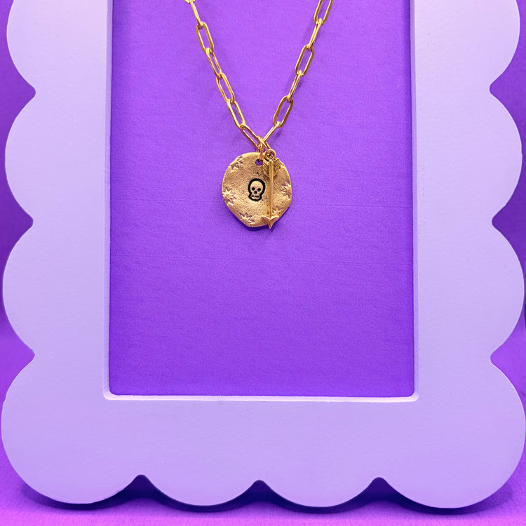 Gold Skull Hand Stamped Necklace Arrow Gothic