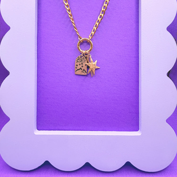 Gold Hand Stamped Mountain Stars Lightning Bolt Charm Necklace