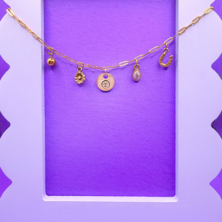 Hand Stamped Charm Necklace Moon Face Gold