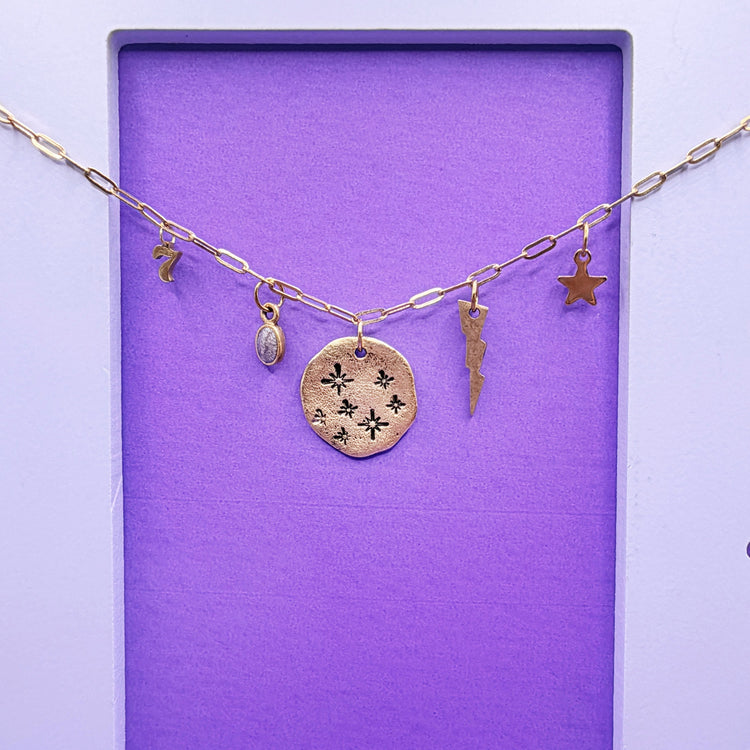 Hand Stamped Gold 5 Charm Necklace Paperclip Chain 7 Stars Lightning Bolt