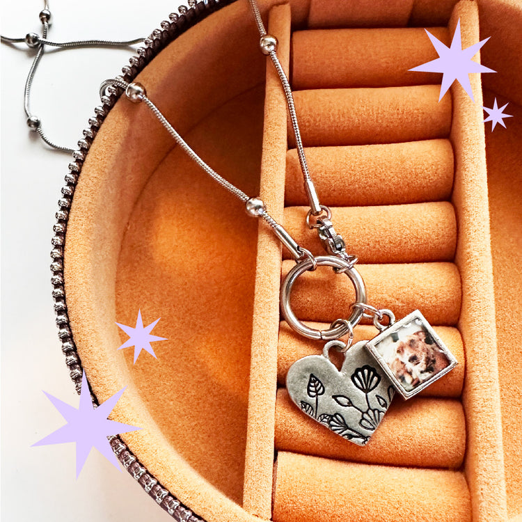 Pet Memorial Custom Photo Charm Necklace Flower Heart