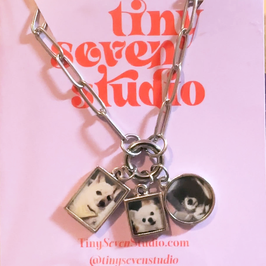 Pet Memorial Custom Photo Charm Necklace Three Charm Holder