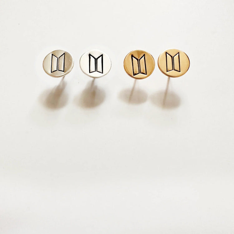 BTS Logo Love Yourself Heart Stud Earrings Hand Stamped Sterling Silver 14k Gold