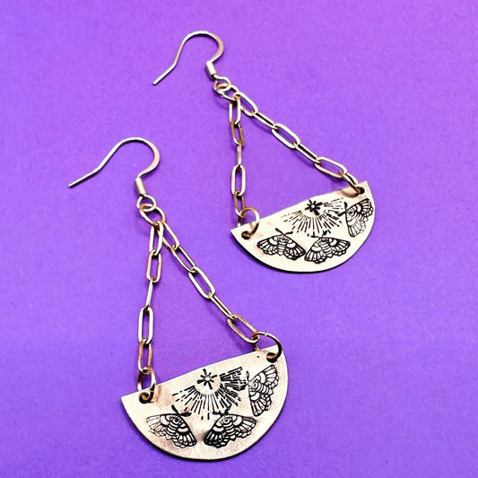 Mimicry Moth To A Flame Earring Hand Stamped Earrings Dangle Jewelry Gift