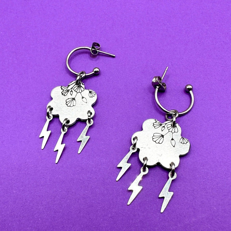 Rainy Days Dangle Hoop Earrings V Taehyung BTS Earring Cloud Lightning Bolt Hand Stamped Gift