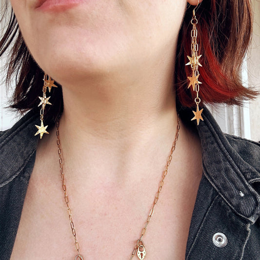 Dazzle Earrings Stars Gold Organic Heart Dangle Brass Y2K