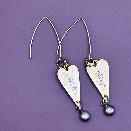 Long Heart Pearl Earrings Hand Stamped Vintage Pearl Bead Organic