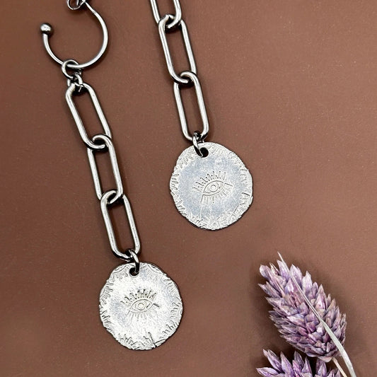 Chunky Eye Silver Earrings Hand Stamped Evil Eye Dangle Paperclip