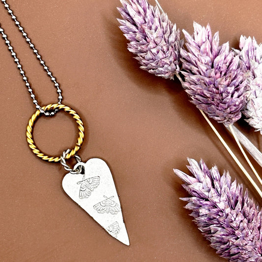 Long Heart Moth Necklace Mixed Metals Hand Stamped Charm Organic