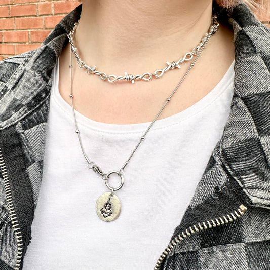 Pewter Pebble Sacred Heart Necklace Front Closure Satellite Chain